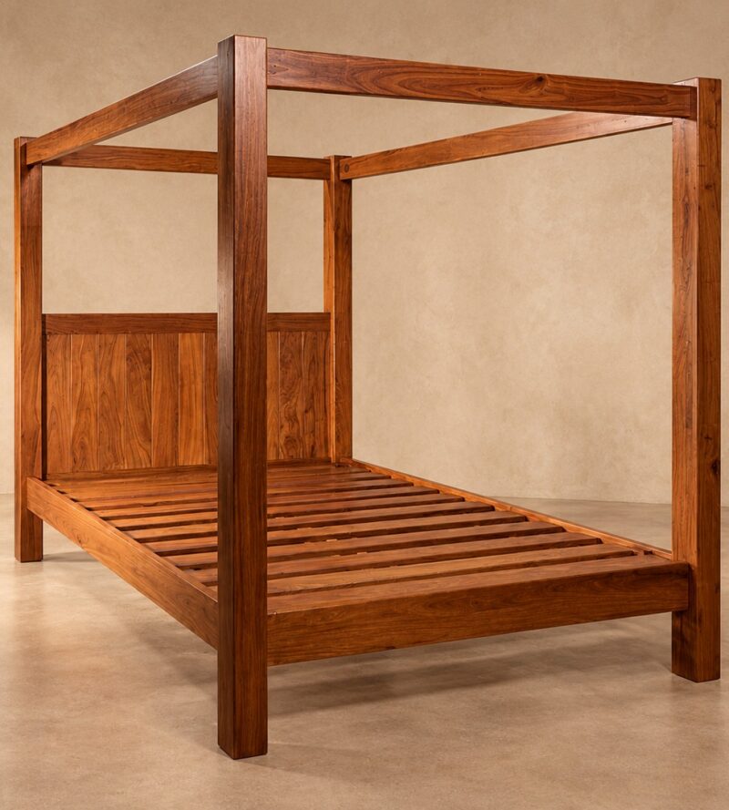 Mosi-oa-Tunya Four-Poster Bed in Zambezi Teak, angled studio view by The African Touch