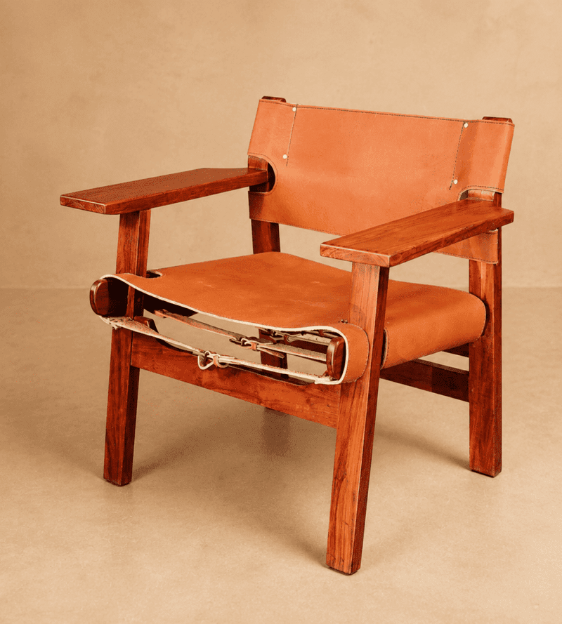Spanish Chair handcrafted from hardwood Zambezi Teak with veg-tanned harness leather cover