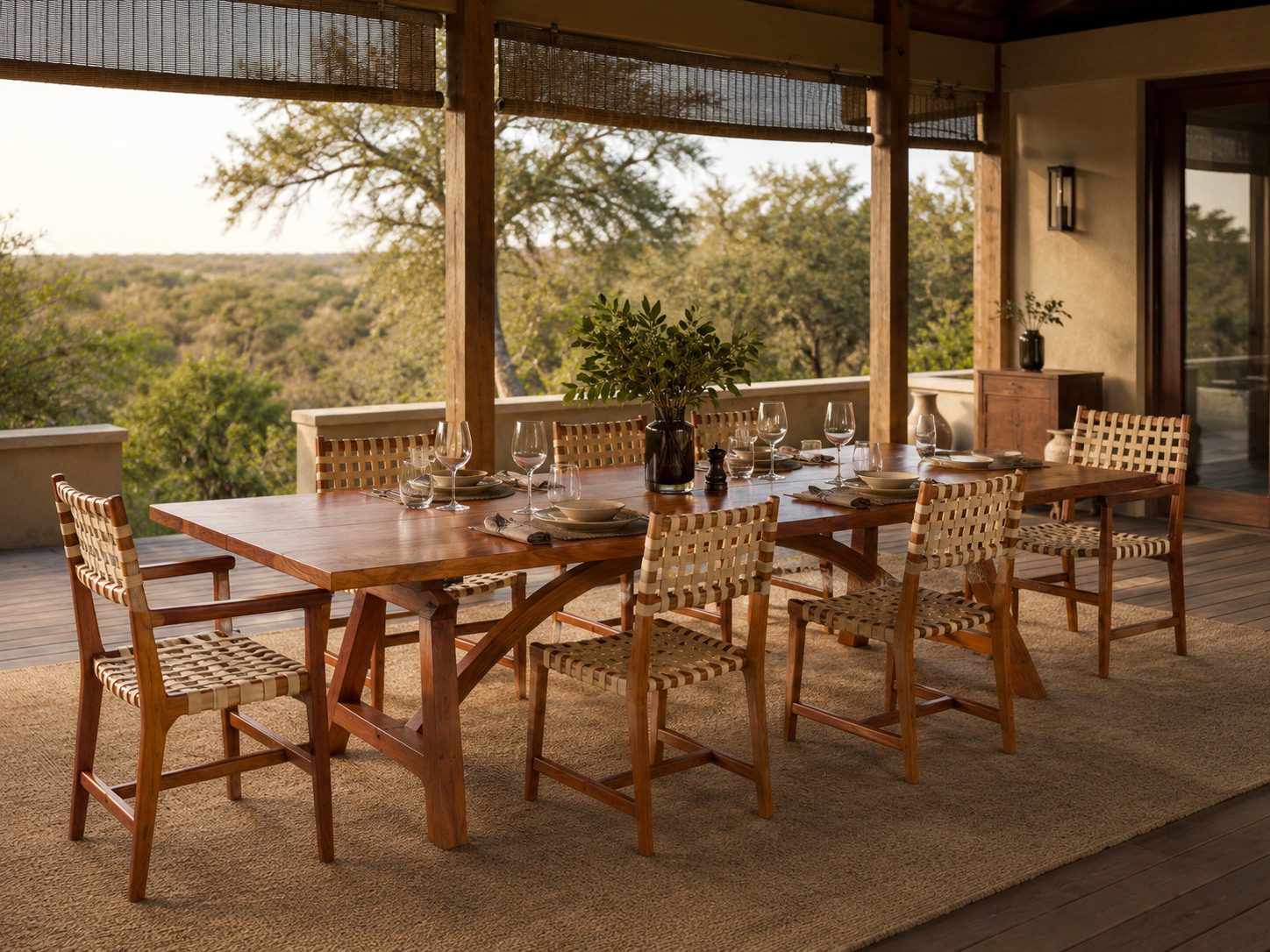 the_bridge_table_chobe_dining_chairs Chobe chairs arranged around a Bridge table on an outdoor verandah setting.