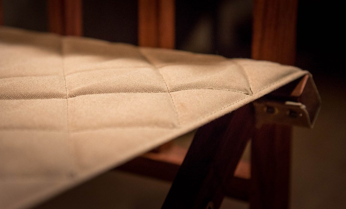 Safari Camp Director's Chair Quilted Canvas Seat Cover close up photo of the quilted auto sand canvas seat cover on the safari camp director's chair