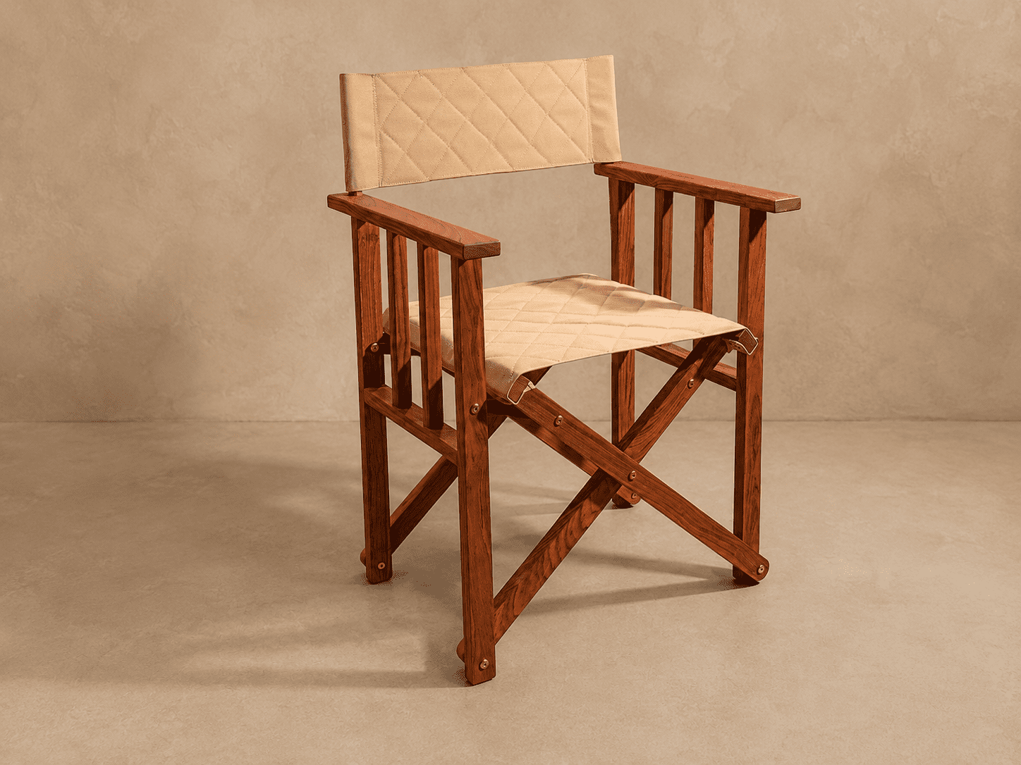 Safari Camp Director's Chair Side Facing Open with Quilted Auto Sand Canvas Cover The African Touch Safari Camp Director's Chair with a quilted auto sand canvas cover and narrow armrests