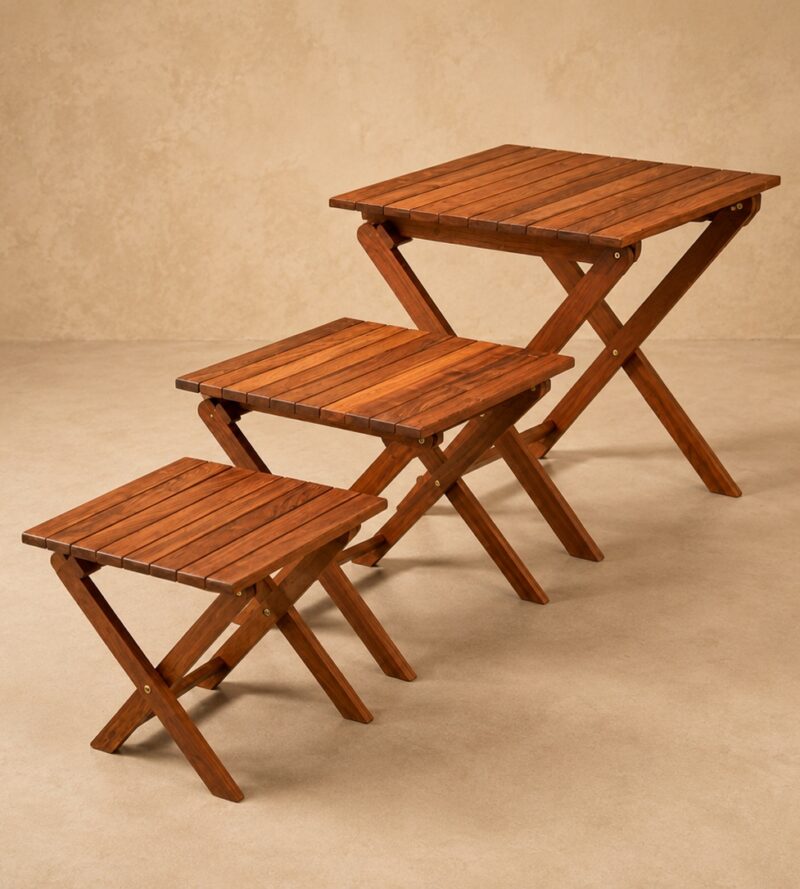 Safari folding tables made from Zambezi teak available in three sizes.