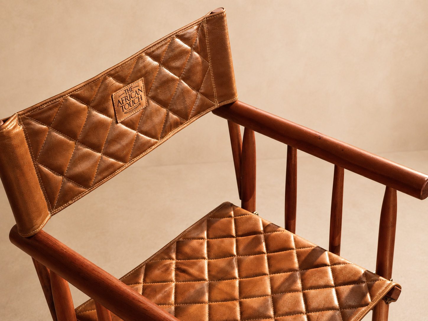 The Kruger Luxury Safari Director's Chair (5) Aerial view of The Kruger Luxury Safari Director's Chair made from Zambezi teak hardwood and a quilted tan leather seat