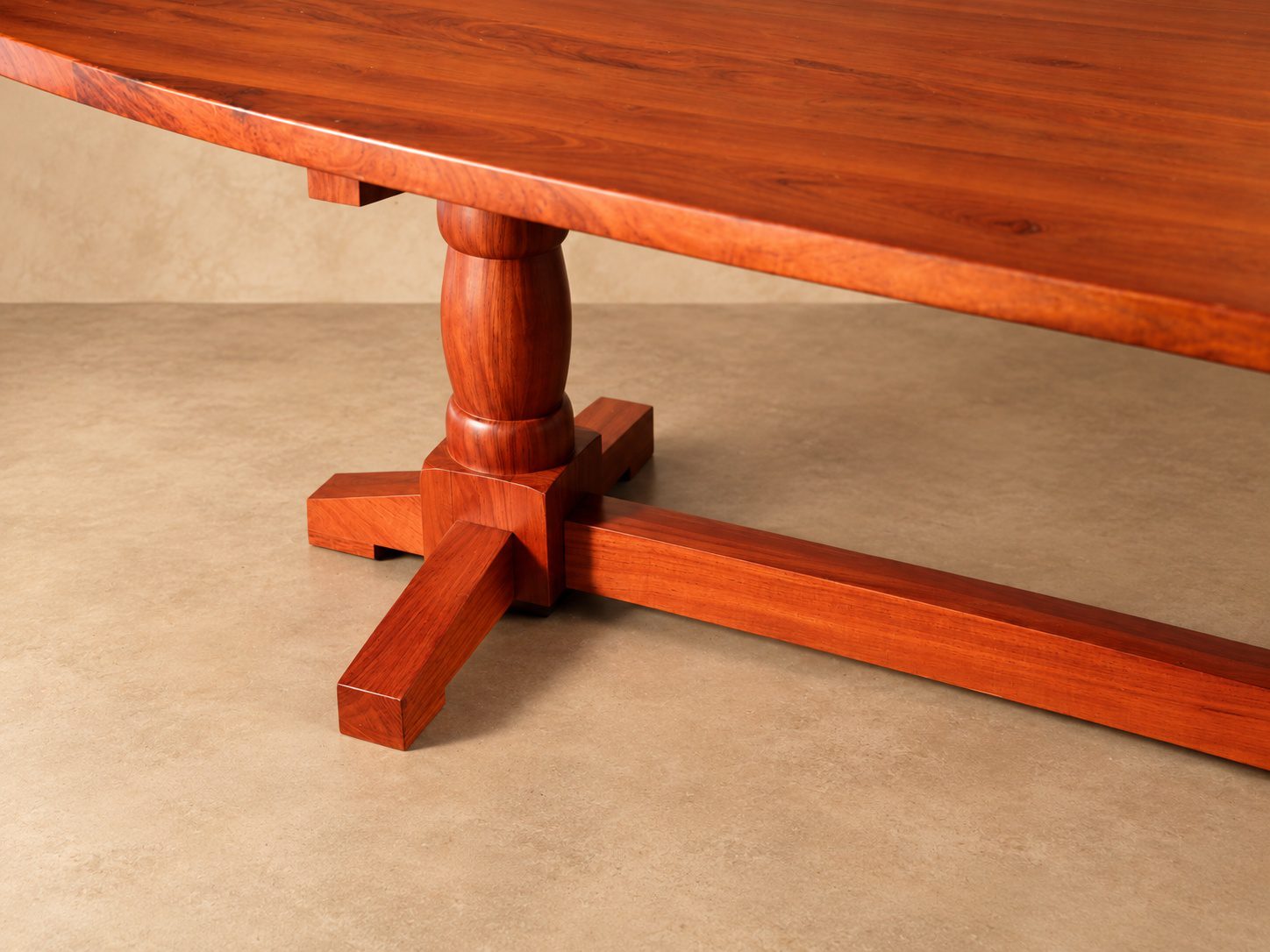 Baobab Boardroom Table Turned Leg Close-up of the hardwood boardroom table pedestal, cross foot and stretcher joinery