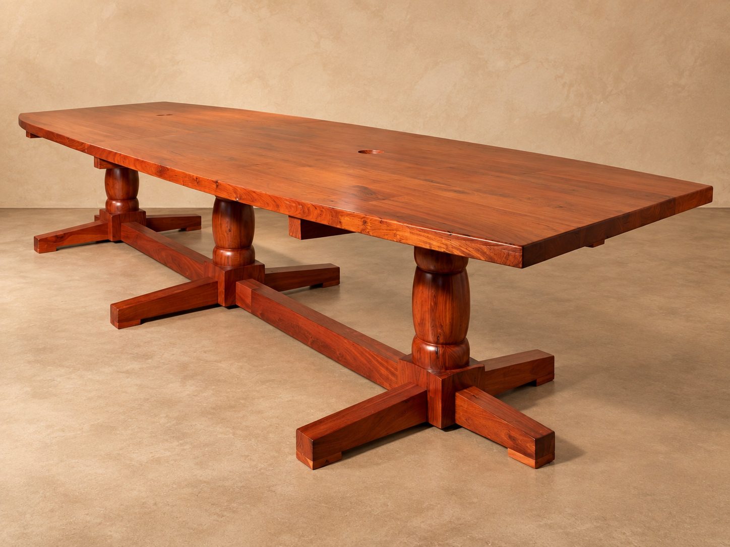 Baobab Boardroom Table with cable access points Large handcrafted teak hardwood boardroom table with turned pedestal legs in a warm beige studio