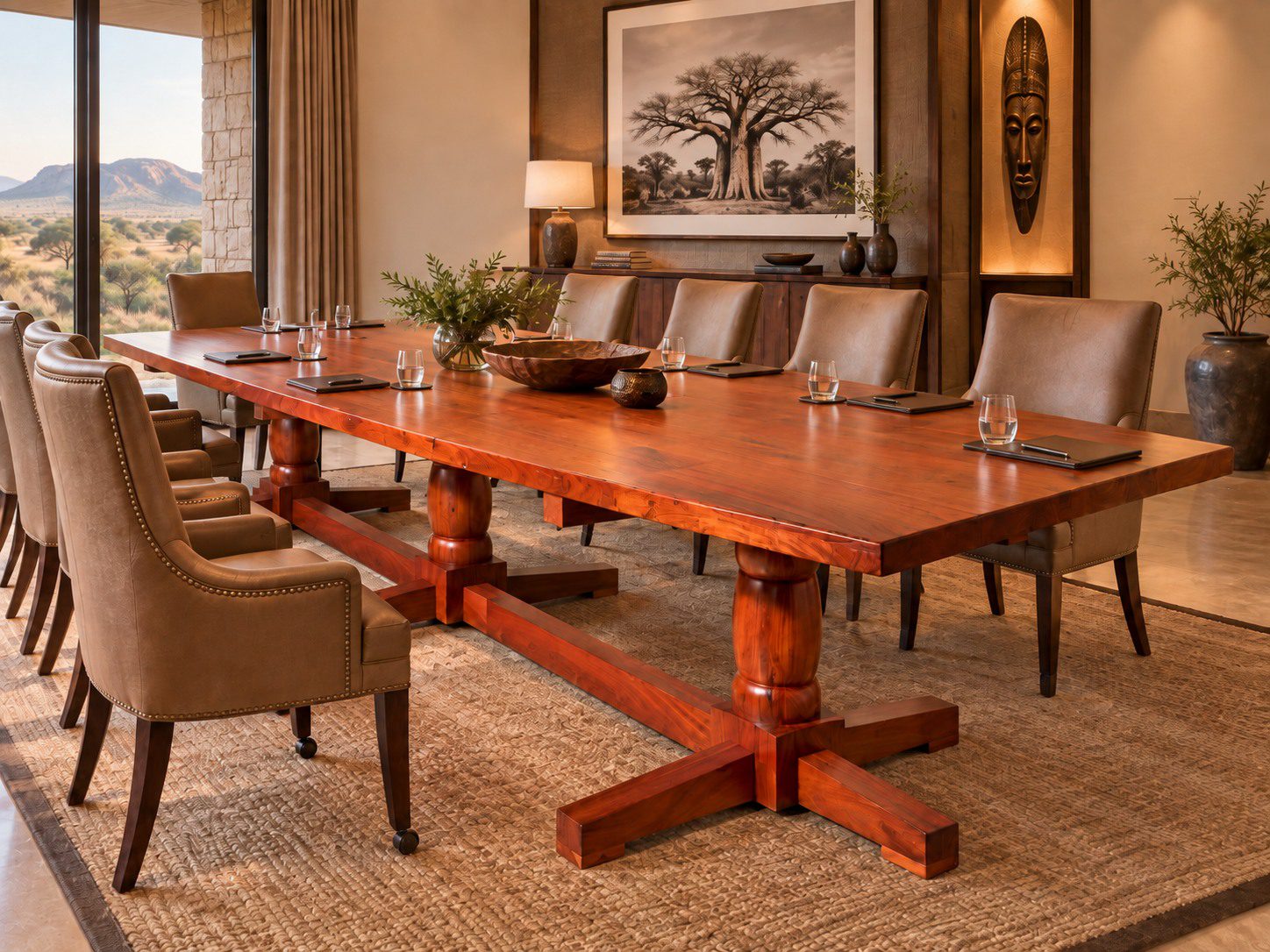 Baobab-boardroom-table-hotel-meeting-room Solid teak boardroom table shown in a safari lodge meeting room