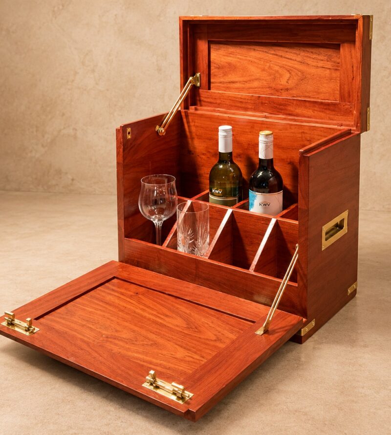 Compact Safari Field Bar made from solid Zambezi teak with 8 internal compartments.