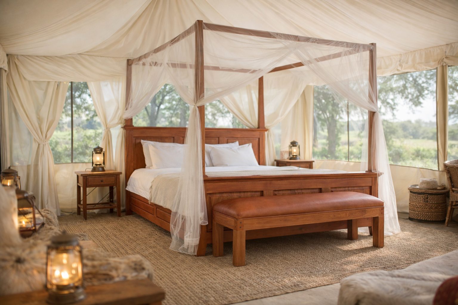 Bwindi Four Poster Bed with Mosquito Net Bwindi Four Poster Bed with a Burchell Upholstered Leather Bench Luggage Rack
