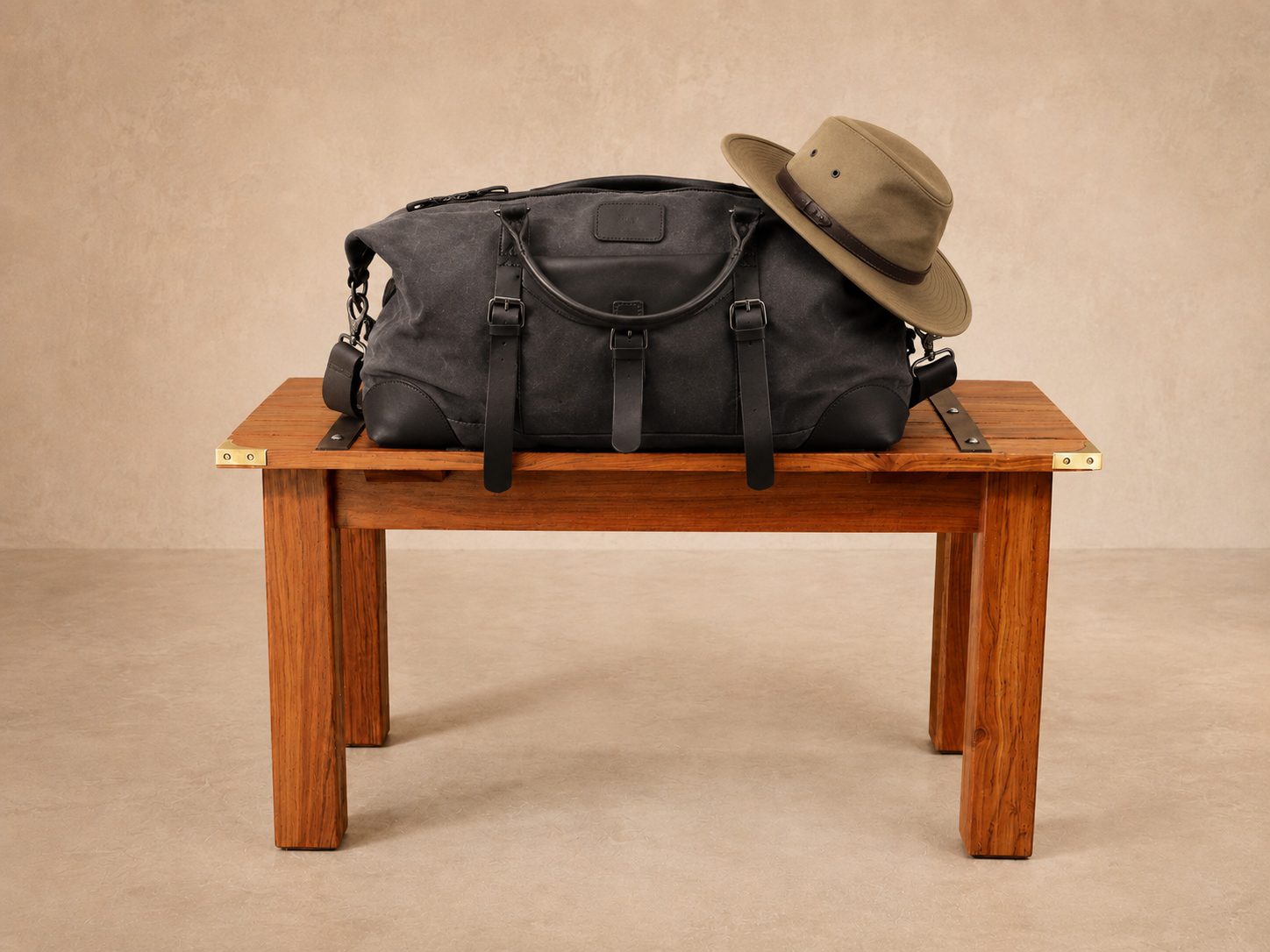 Deluxe Slatted Luggage Rack with brass corners luxury luggage rack with guest luggage and safari hat