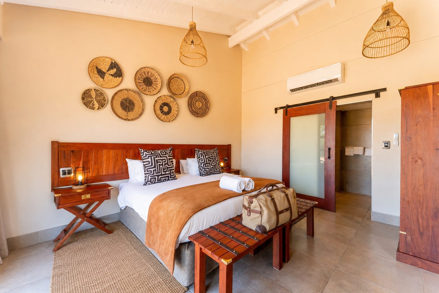 Hwange Safari Lodge Slatted Luggage Rack with suitcase Hwange safari lodge luxury luggage racks in a guest room