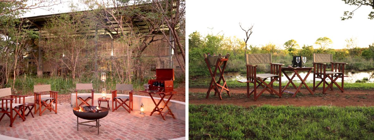 field bars and directors chairs set up to create a luxury bush dining and boma experience