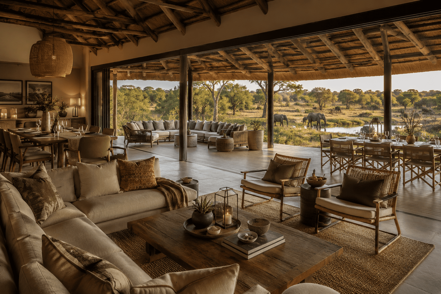 Safari lodge lounge with solid wood furniture, neutral upholstery, and textured natural materials under a thatched roof, opening onto river views in Southern Africa.