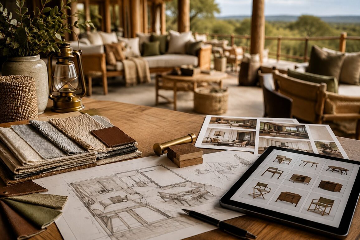 Interior designer workspace inside a luxury safari lodge setting with timber samples, fabric swatches, architectural sketches, and furniture mood boards laid out on a wooden table overlooking an outdoor lodge lounge in warm natural light.