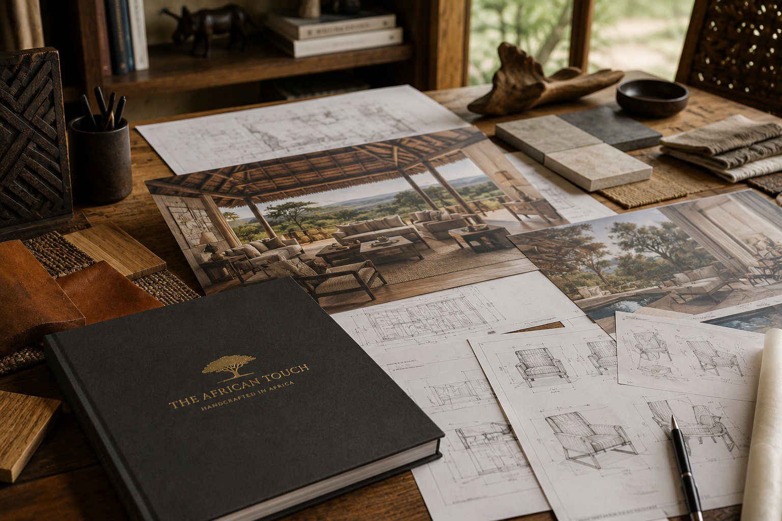 Interior designer’s workspace styled for a safari lodge project, featuring architectural lodge renderings, furniture AutoCAD drawings, timber and leather samples, stone tile swatches, and The African Touch catalogue on a rustic wooden desk in warm natural light.