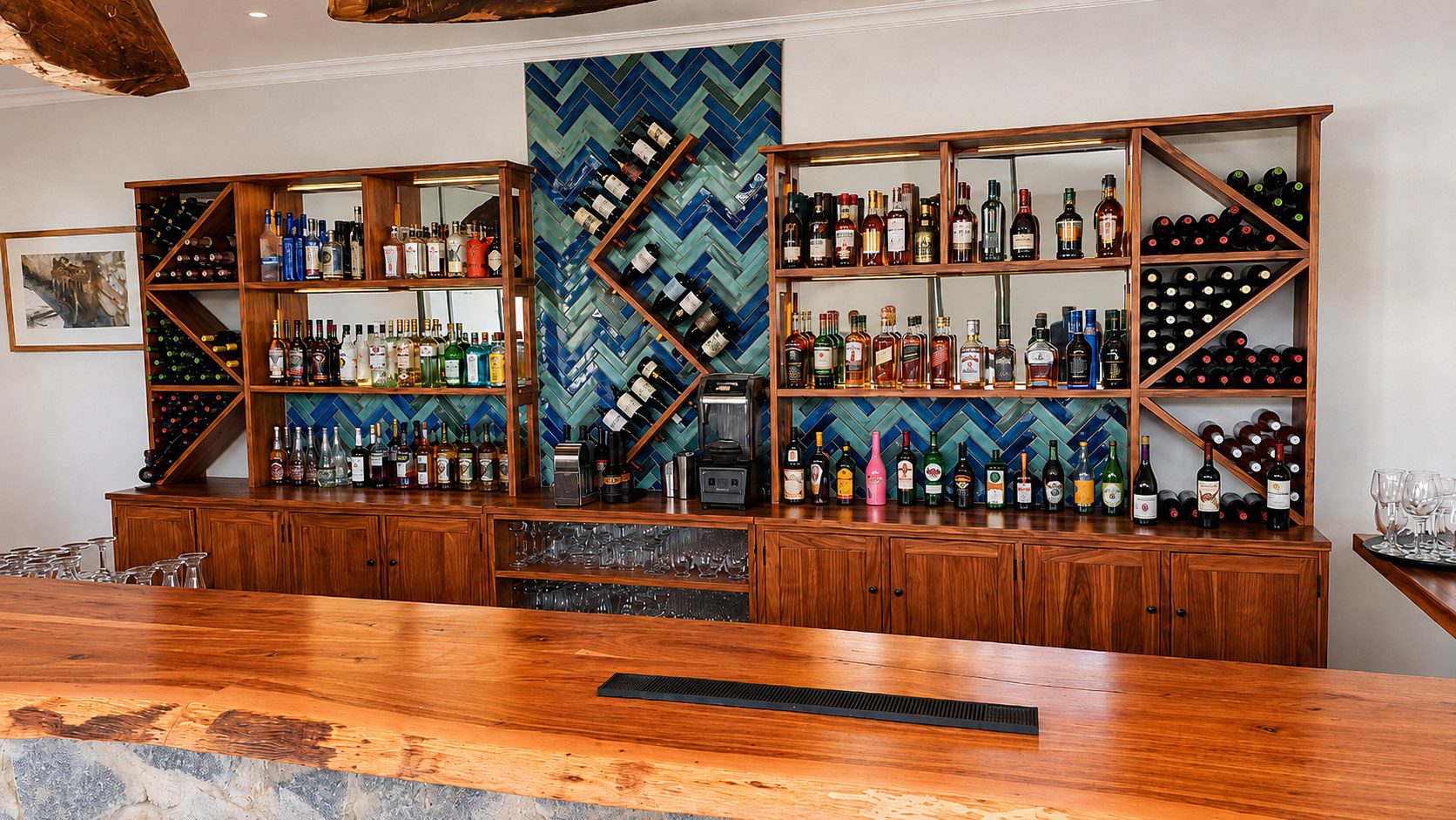 Insika Sabi with custom built hardwood bar units and live edge counter tops